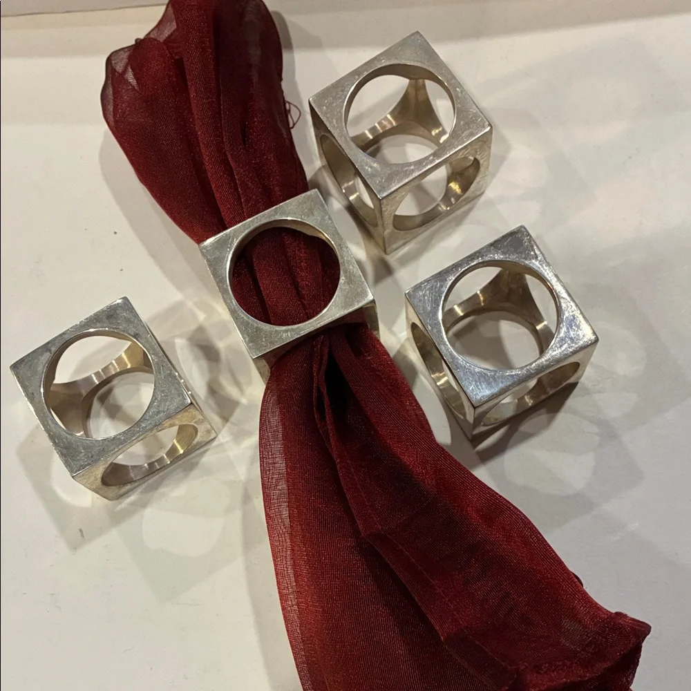 SET/4 chunky, silver, cube-shaped napkins holders or napkin rings weighted